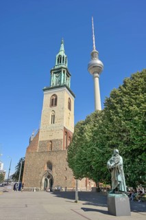 St Mary's Church, Karl-Liebknecht-Straße, TV tower at Alexanderplatz, Mitte, Berlin, Germany