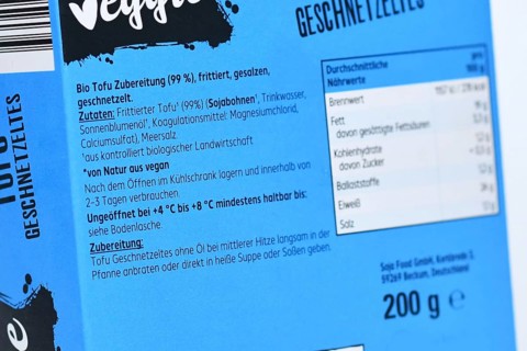 Germany, September 3rd 2025: German ingredient list of fried tofu. Vegan meat substitute