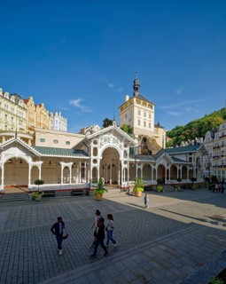 Swiss-style market colonnade and Gothic castle tower, spa, healing spring, health, mineral, mineral
