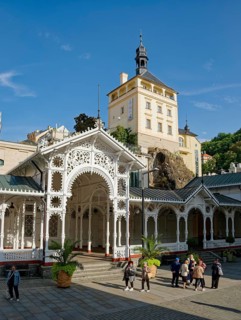 Swiss-style market colonnade and Gothic castle tower, spa, healing spring, health, mineral, mineral