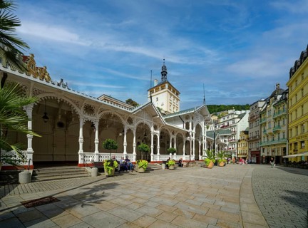 Swiss-style market colonnade and Gothic castle tower, spa, healing spring, health, mineral, mineral