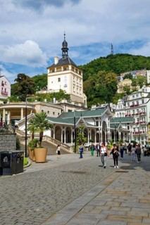 Swiss-style market colonnade and Gothic castle tower, spa, healing spring, health, mineral, mineral
