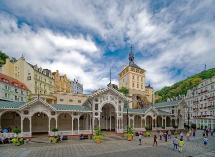 Swiss-style market colonnade and Gothic castle tower, spa, healing spring, health, mineral, mineral