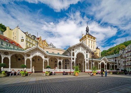 Swiss-style market colonnade and Gothic castle tower, spa, healing spring, health, mineral, mineral