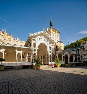 Swiss-style market colonnade and Gothic castle tower, spa, healing spring, health, mineral, mineral