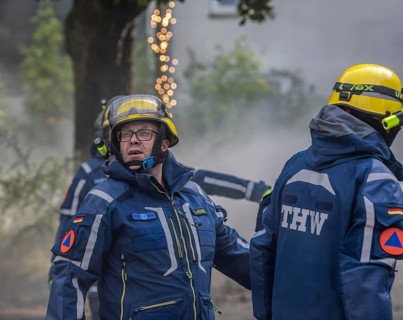 Civil defence exercise scenario, after a drone attack on a residential area, emergency services