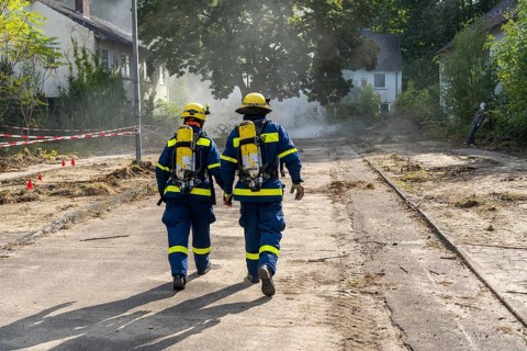 Civil defence exercise scenario, after a drone attack on a residential area, emergency services