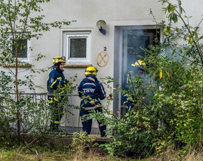 Civil defence exercise scenario, after a drone attack on a residential area, emergency services