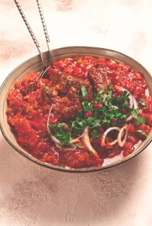 Chashushuli, a traditional Georgian dish, spicy, stewed meat with tomatoes and spices, homemade, no
