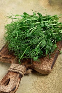 A bunch of vibrant green pea shoots lies on a rustic wooden cutting board, showcasing their