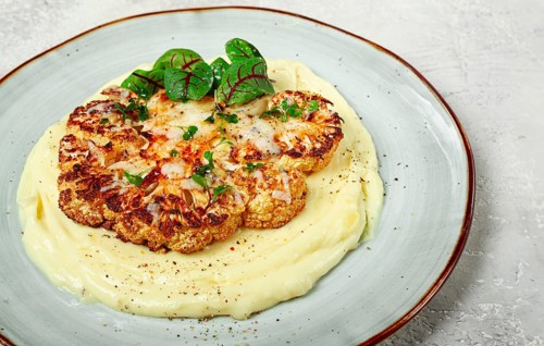 Cauliflower steak, with mashed potatoes, spices and herbs, homemade, no people