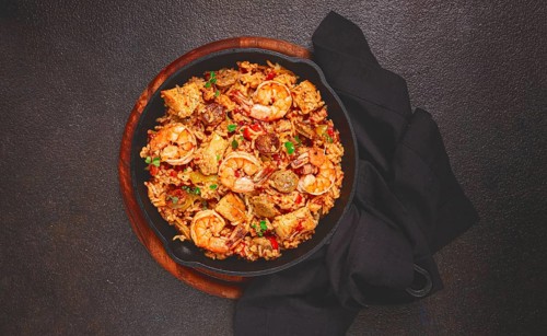 Jambalaya, Creole dish, American pilaf, rice with chicken and shrimp, vegetables, homemade, no