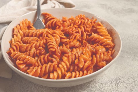 Fusilli pasta dish, made with tomato sauce, homemade, no people