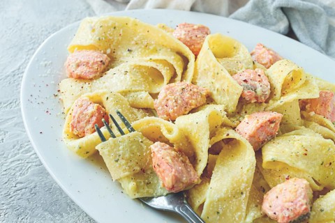 Papardelle pasta, in creamy sauce with salmon, natural light, lifestyle, homemade, on a gray