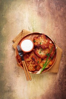 Potato pancakes, pancakes with sour cream, Belarusian dish, homemade, no people