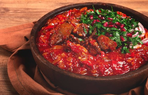 Chashushuli, a traditional Georgian dish, spicy, stewed meat with tomatoes and spices, homemade, no