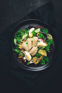 Salad of squid and vegetables, with egg, homemade, no people