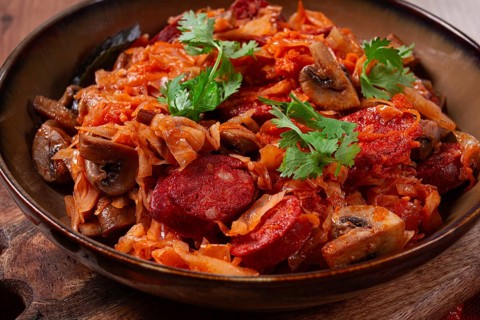 Bigos, bigos Polish dish, stew with cabbage and chorizo sausages, mushrooms, homemade, no people