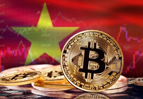 Bitcoin with Vietnam flag in the background. Investors in cryptocurrency and Blockchain Technology