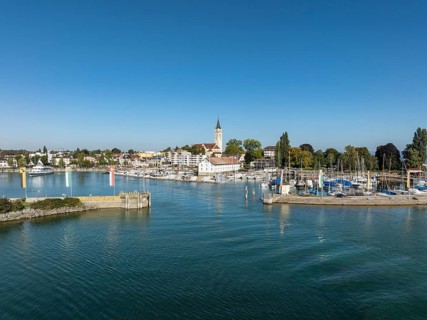 Harbour area, entrance from the ferry port, marina of Romanshorn with Seepark, aerial view,
