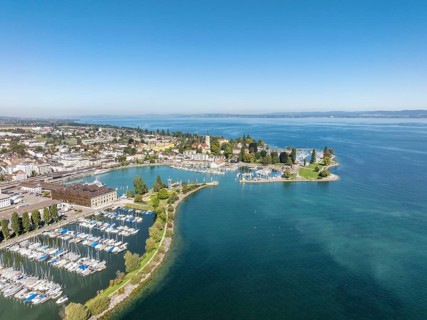 Harbour area, ferry port, yacht harbour, marina of the city of Romanshorn with Seepark, aerial