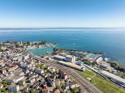 The town of Romanshorn with the main railway station, harbour area, ferry port, marina, aerial