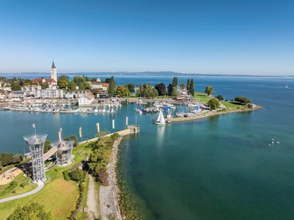 Harbour area, ferry port, yacht harbour, marina of Romanshorn with adventure playground on the