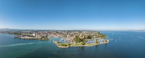Harbour area, ferry port, yacht harbour, marina of the city of Romanshorn with Seepark, aerial