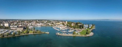 Harbour area, ferry port, yacht harbour, marina of Romanshorn with Seepark, aerial view, panorama,