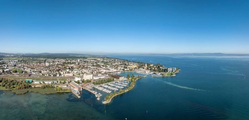 Harbour area, ferry port, yacht harbour, marina of the city of Romanshorn with Seepark, aerial