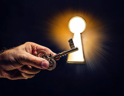 A hand holds an antique key, leading to a bright light in a keyhole shape, symbolizing opportunity,