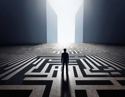 A lone individual stands at the edge of a large circular maze, contemplating choices and challenges