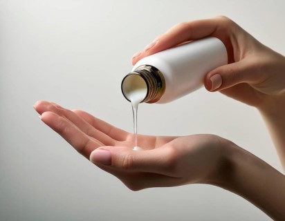 A close-up view of hands pouring a creamy lotion from a bottle into a palm. The scene emphasizes
