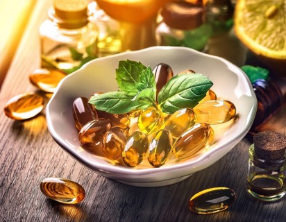 Vitamin capsules placed in a white ceramic bowl, adorned with green medicinal herbs, symbolizing