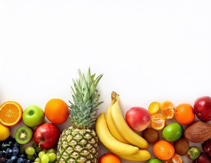 An artistic arrangement of vibrant fruits including apples, oranges, strawberries, and berries on a