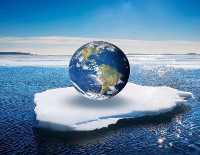 A symbolic depiction of Earth submerged in ocean water amidst melting ice, emphasizing climate