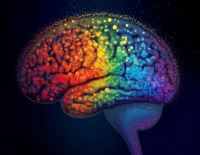Vivid artistic interpretation of a human brain featuring a spectrum of colors and dotted patterns.
