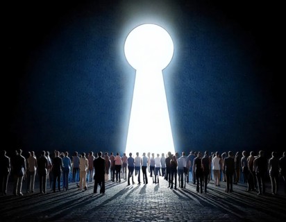 A vast group of people walking towards a glowing light keyhole in a symbolic display of hope,