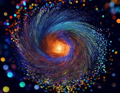 Abstract representation of a colorful swirling galaxy formed by vibrantly arranged particles and