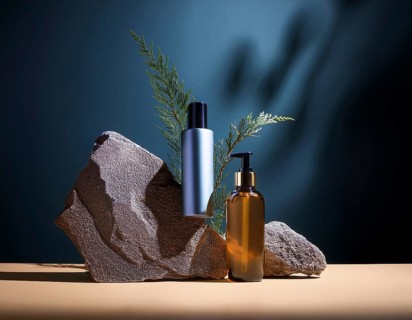 Skincare bottle showcased with dried flowers and a natural prop, creating a minimalist aesthetic.