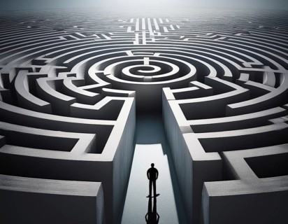 A lone individual stands at the edge of a large circular maze, contemplating choices and challenges