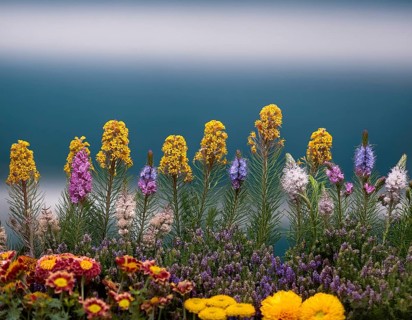 A variety of colorful wildflowers flourish on a hillside against a blurred mountainous backdrop.