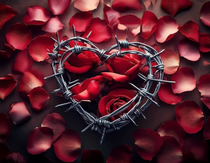 A symbolic depiction of a red heart entwined in barbed wire, embodying themes of emotional conflict
