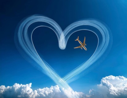 An airplane creates heart-shaped contrails in a vivid blue sky above fluffy white clouds,