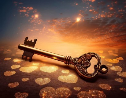 Elegant heart-shaped locket and intricate key on textured surface, surrounded by glowing hearts. An