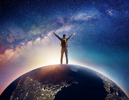 A man stands victoriously atop the Earth amidst a surreal cloudscape, symbolizing triumph over