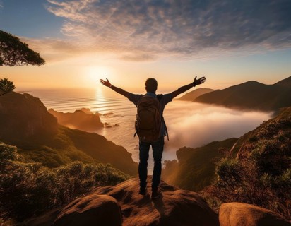 A serene scene of a person on a mountain summit, watching the sunrise over misty valleys, conveys