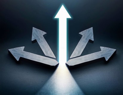 A bold blue arrow pointing upward, surrounded by four silver arrows. Represents leadership,