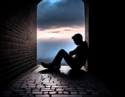 Silhouette of a person sitting alone within a brick archway, observing a peaceful and scenic cloudy