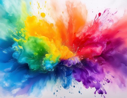 Colorful abstract art depicting a vibrant explosion of rainbow hues on a white background, evoking